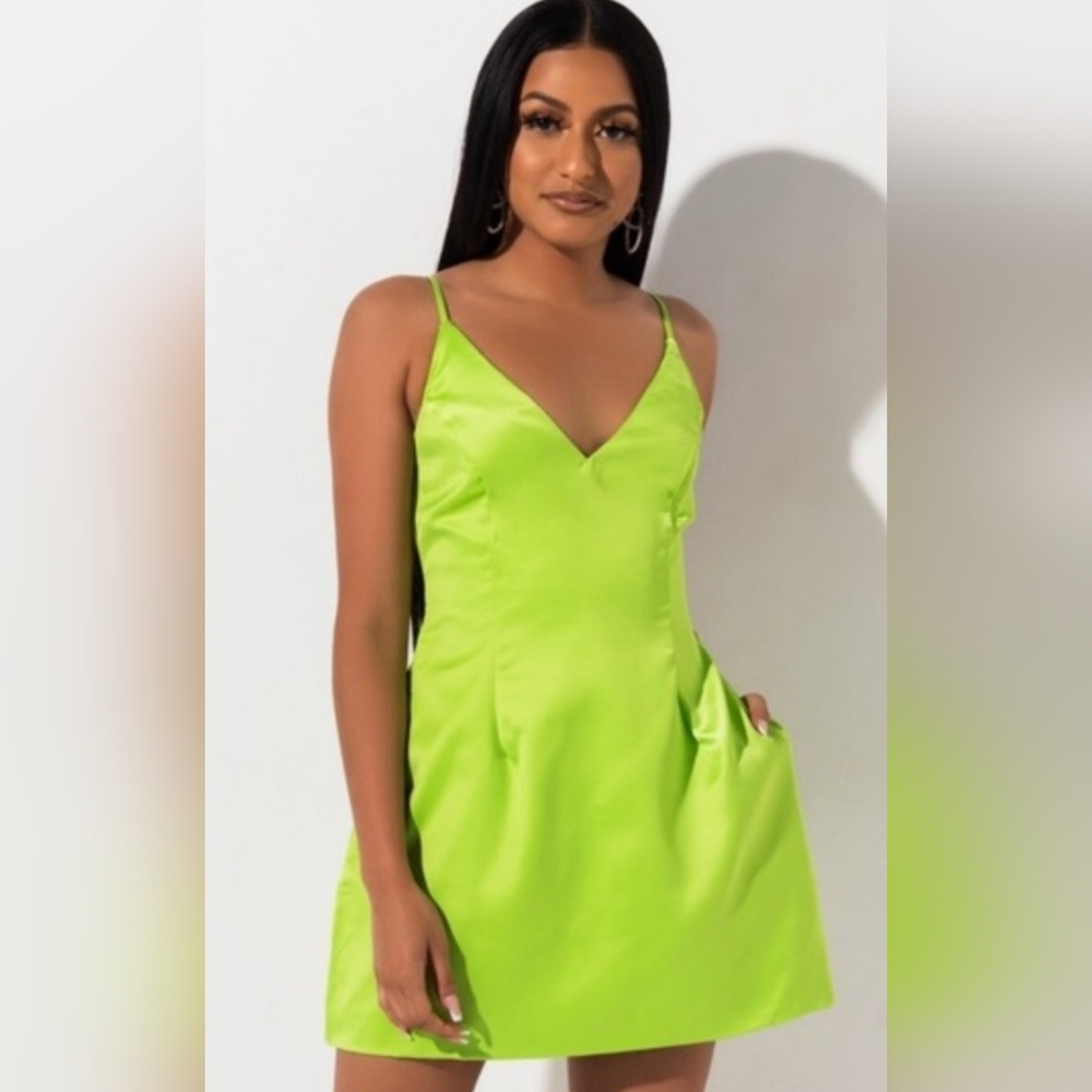 AKIRA Neon Lime Green Satin Mini Dress Pockets!